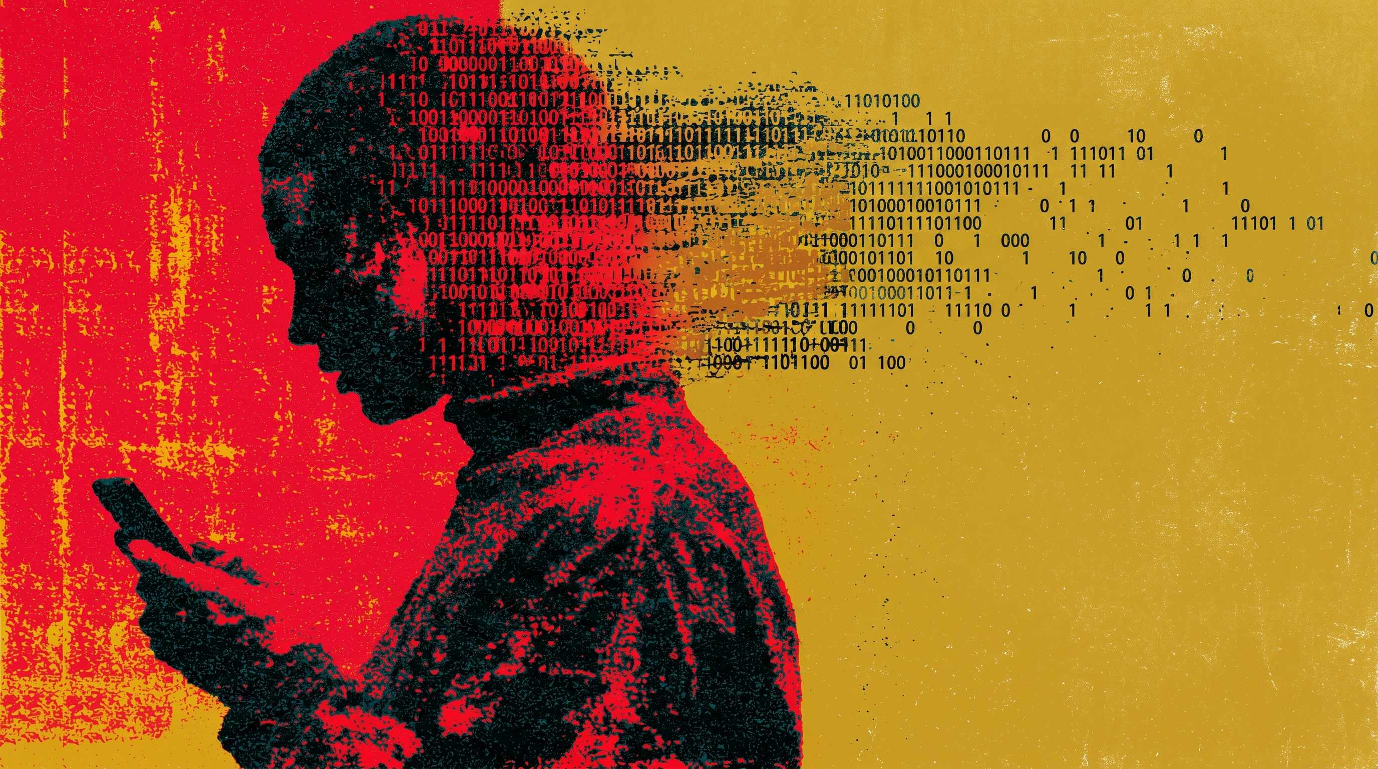 Illustriertes Profil einer Person, die auf ihr Handy schaut, mit Daten, die aus dem Bildschirm strömen.